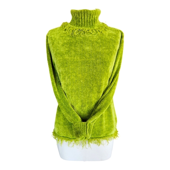 VTG Rafaella Green Chenille Fringe Turtleneck Sweater M Hong Kong Y2K Cozy - Picture 1 of 11